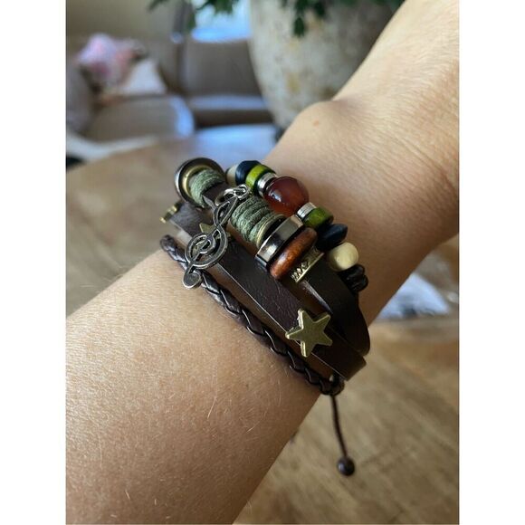 Handmade Hippie Design Brown Leather Bracelet Women Metal Star Note Chars Wood B - Picture 1 of 3